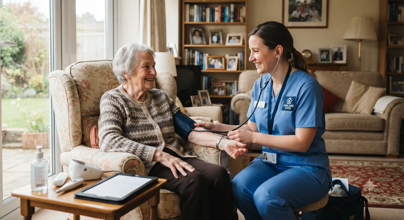 Professional nurse providing nursing care at home to a senior patient